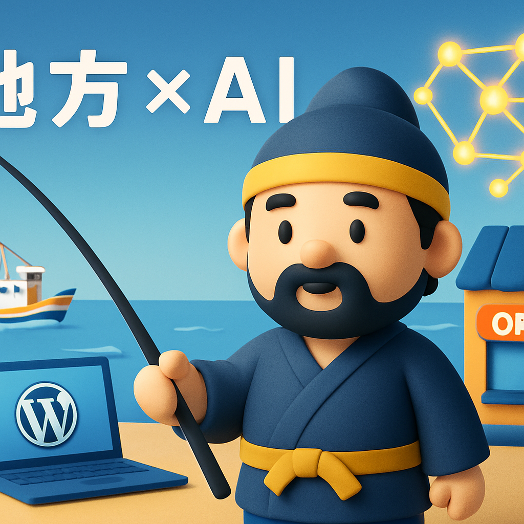 釣り、飲食店、サイト運営、AI活用がつながる海彦ブログの世界観を表現した横長4対3画像